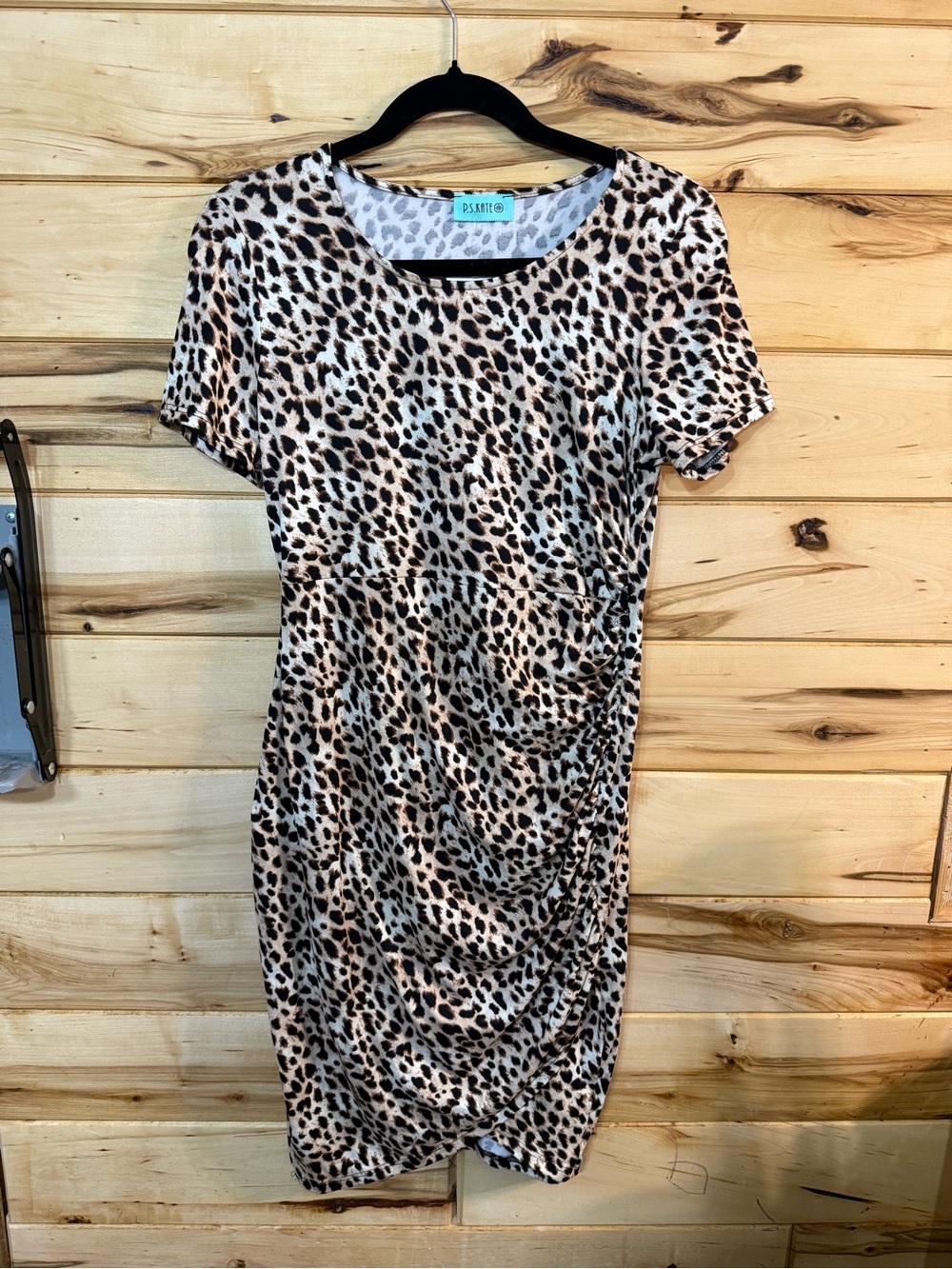 P.S. Kate Boutique Leopard Print Short Sleeve Mini Dress - Beige/Black
